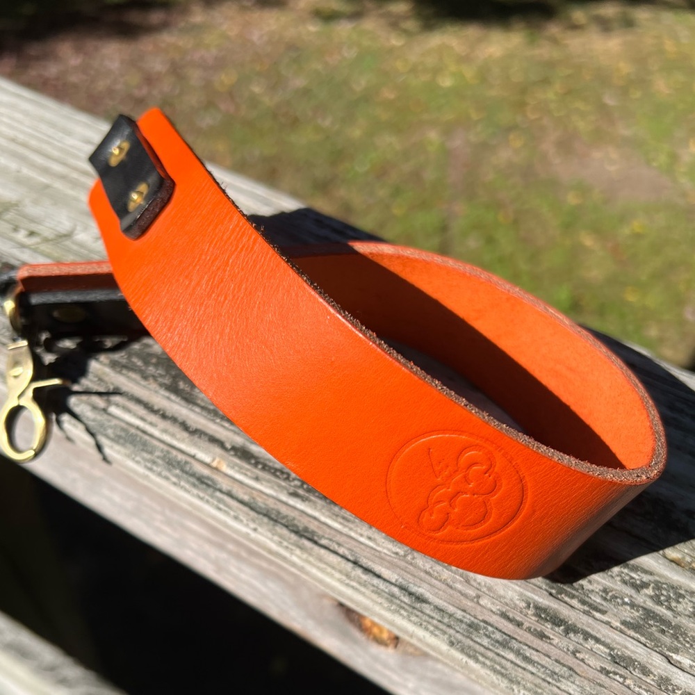 [SOLD!] Little Raincloud Leather Orange and Black Guitar-Style Purse Strap 22”